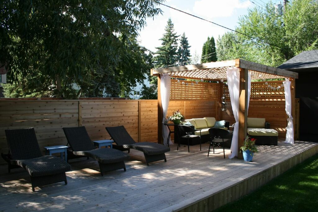 Cozy outdoor seating area with pergola