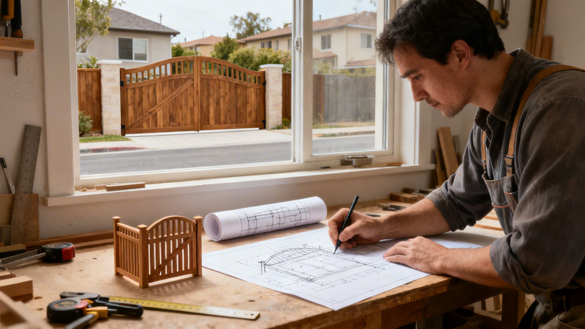 Woodworker meticulously draws custom wooden gate blueprints at his workbench, with a full-size gate visible outside.