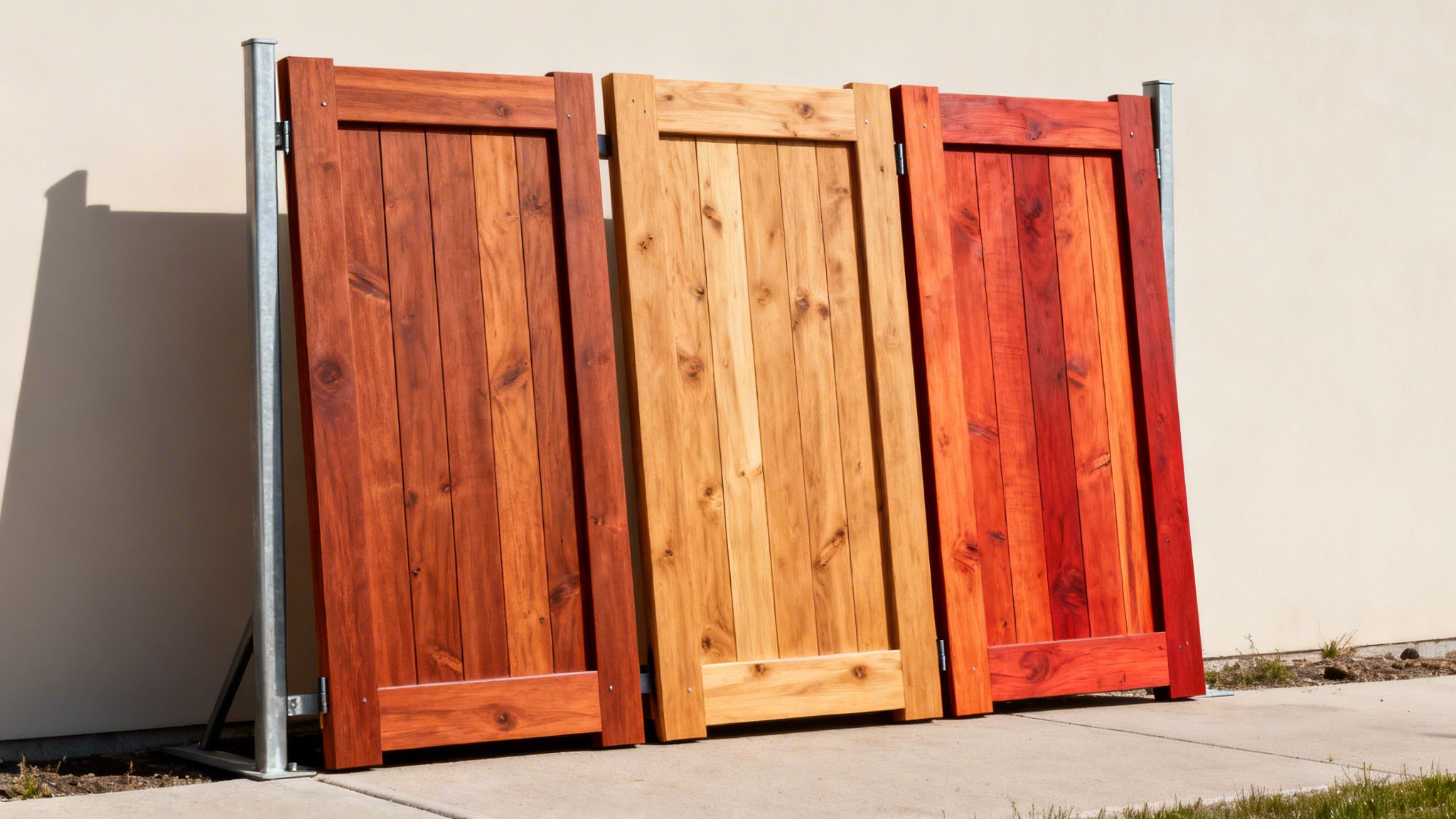 Three custom wooden security gates with varied wood tones displayed against a light wall.