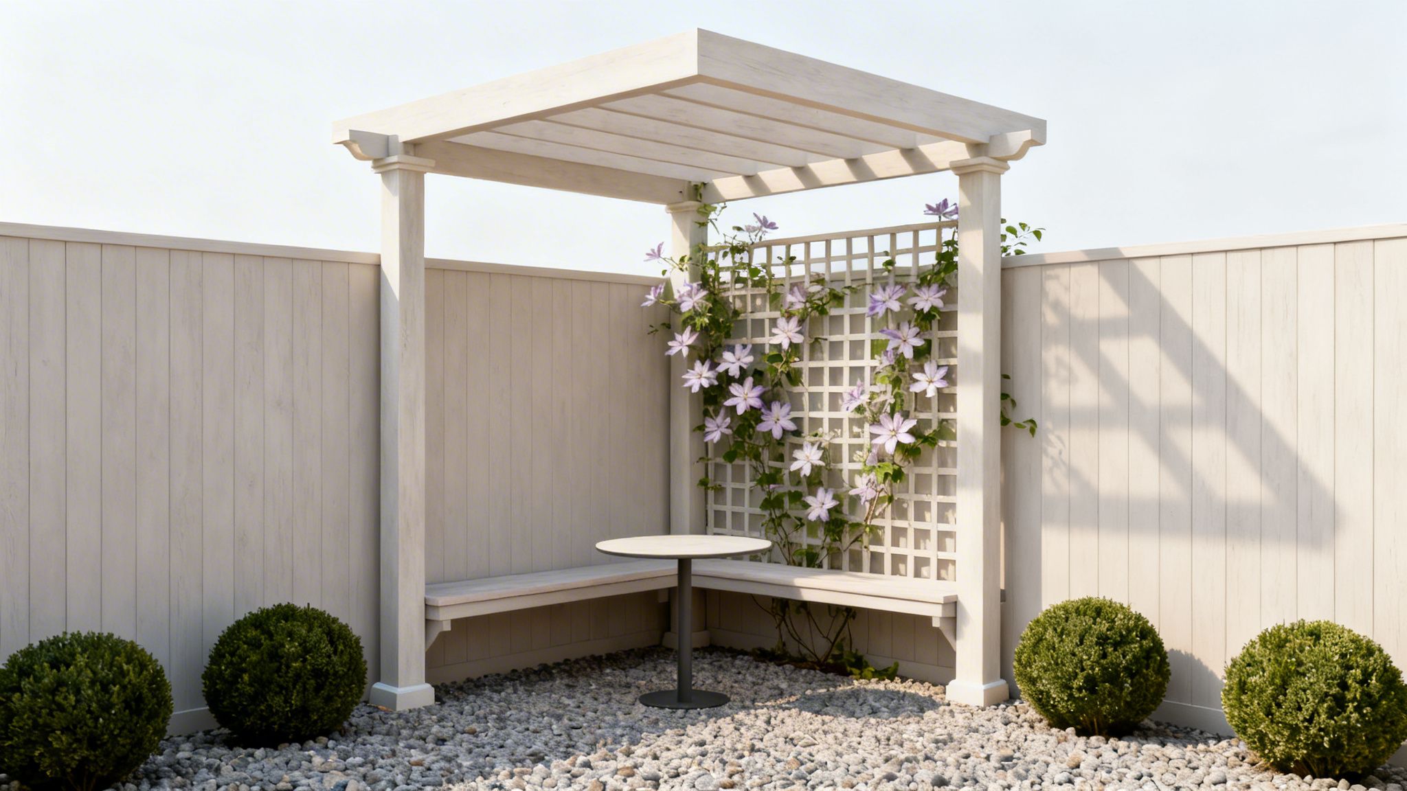 A modern white wooden pergola with a corner bench and a small table in a cozy backyard.