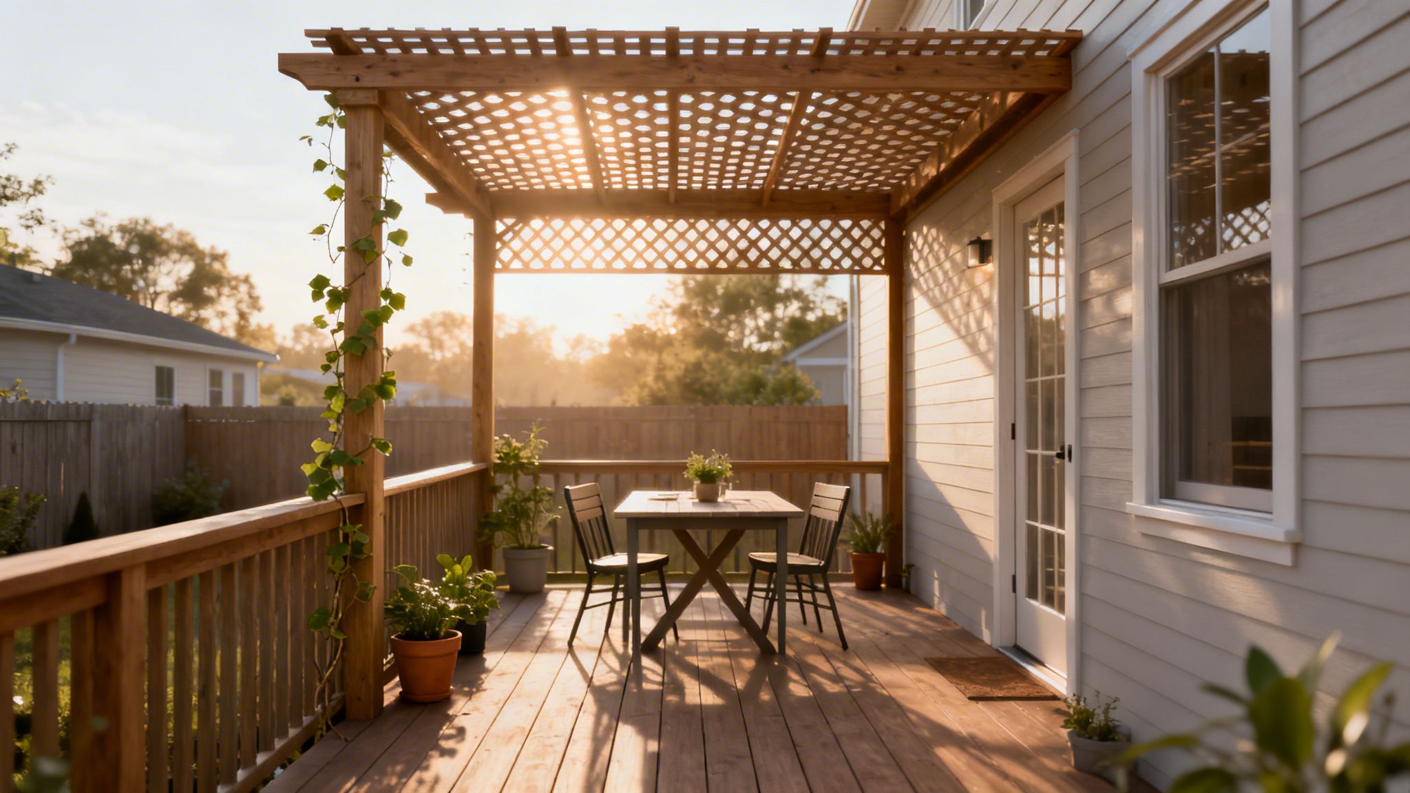 A wooden pergola covers a cozy backyard patio with a dining table and chairs during sunset.